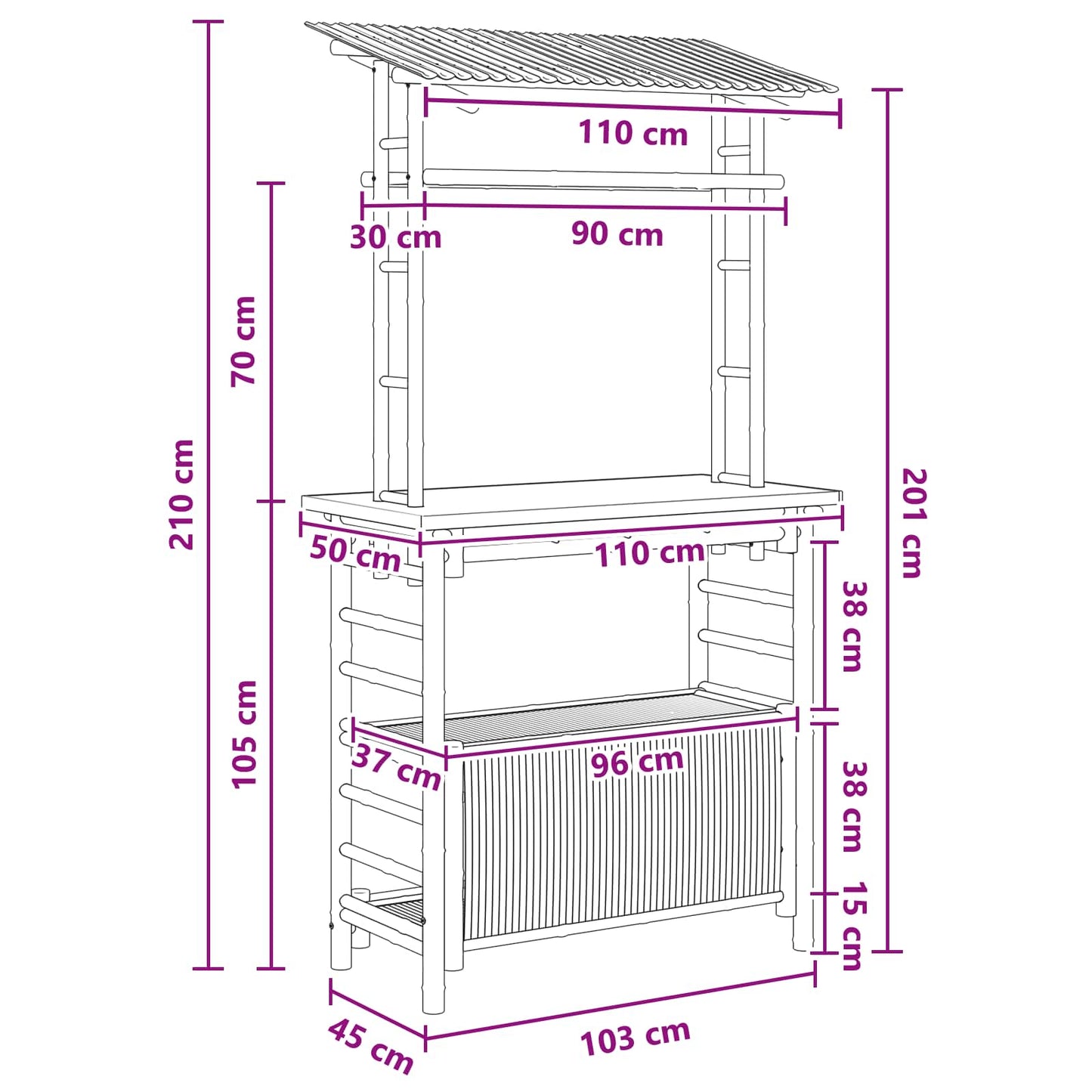 Outdoor Bartisch mit Speicher Natur 110 x 50 x 210 cm Bambus