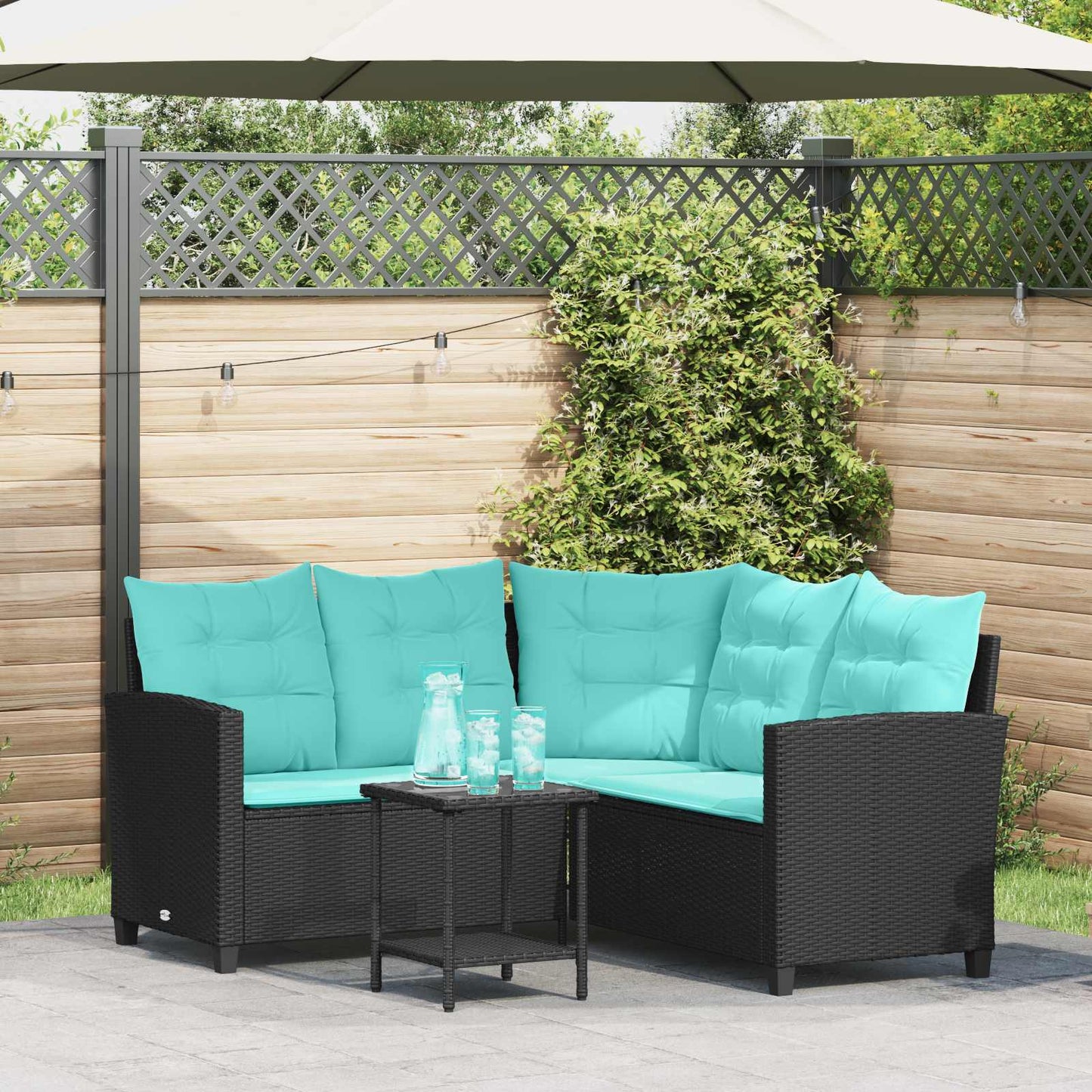 Garten-Sofa mit Kissen 2 pcs Schwarz und Türkis Poly Rattan