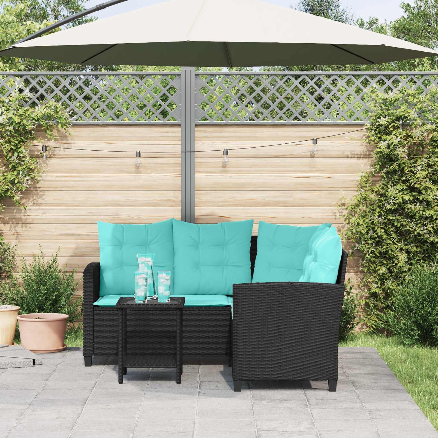 Garten-Sofa mit Kissen 2 pcs Schwarz und Türkis Poly Rattan