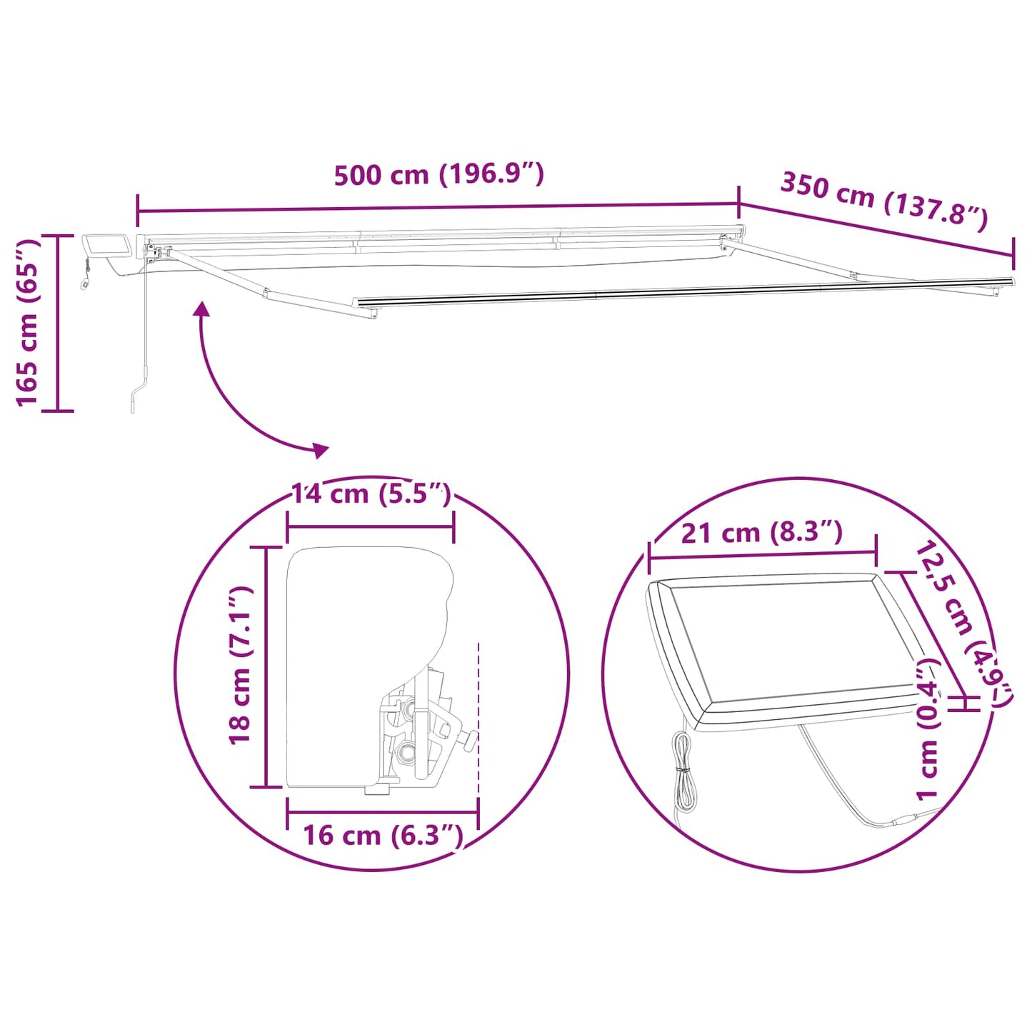 Manueller Markisenrahmen mit LEDs Weiß 5 x 3,5 m Aluminium