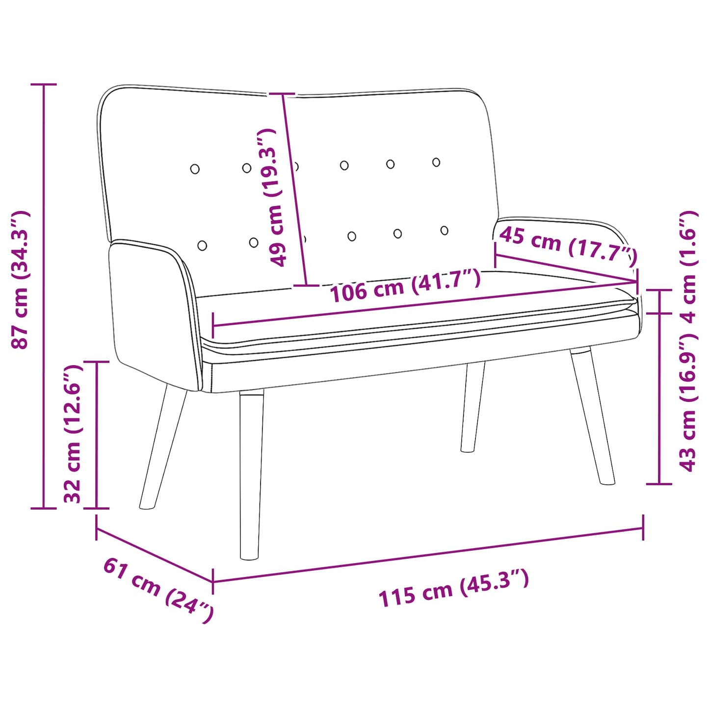 Zweisitzer Sofa Schwarz 115 x 61 x 87 cm Samt