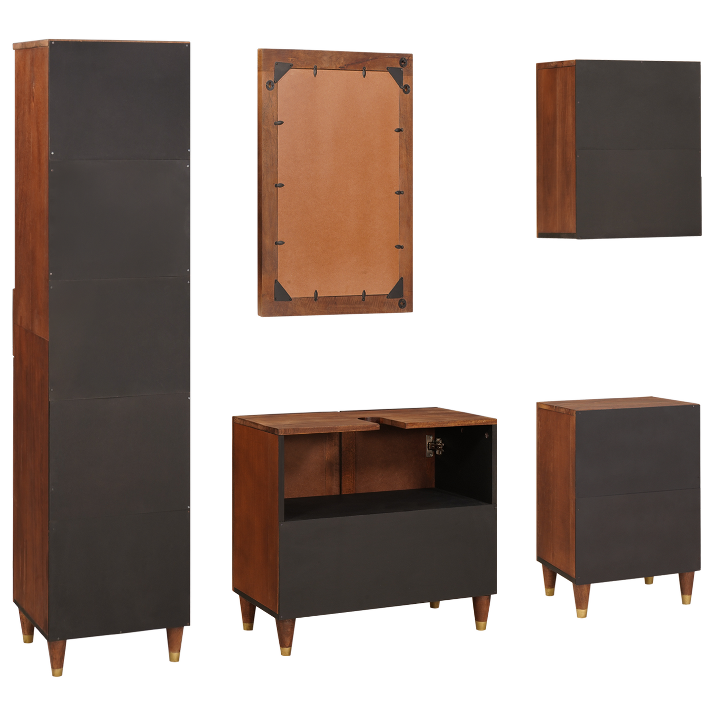Badezimmerschrank 5 pcs Braun und Schwarz Massivholz Mango