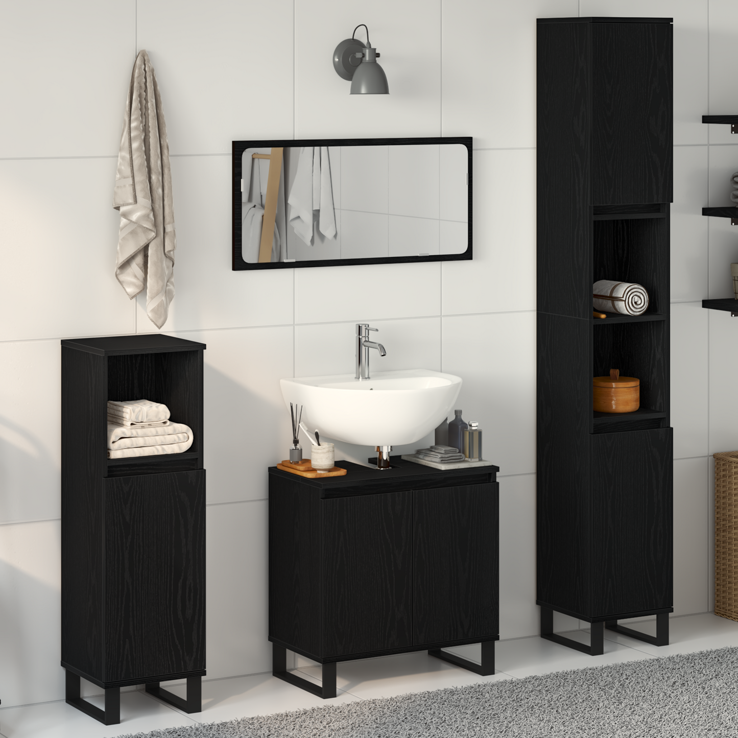 Badezimmermöbel-Set Wandmontiert 3 pcs Schwarz Eichen-Optik