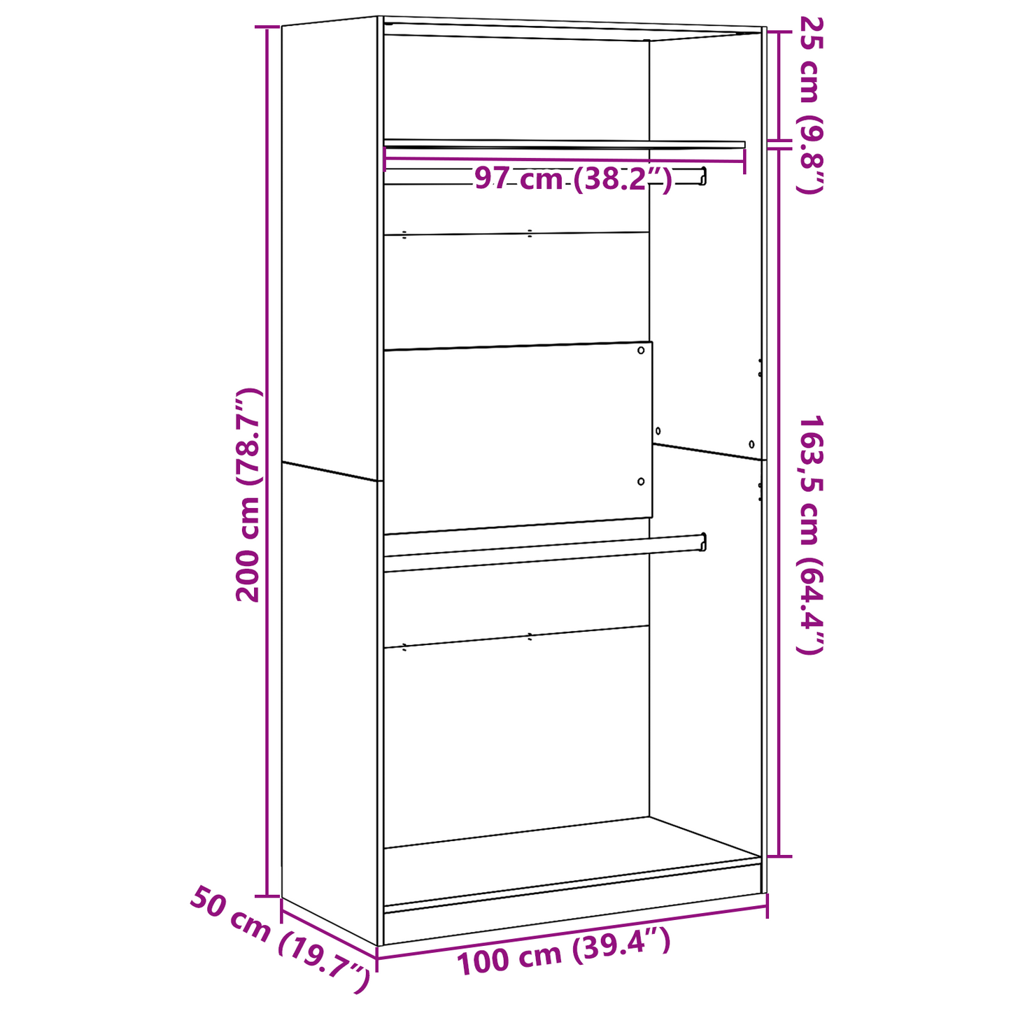 Kleiderschrank mit Regal Schwarz Eichen-Optik 100 x 50 x 200 cm