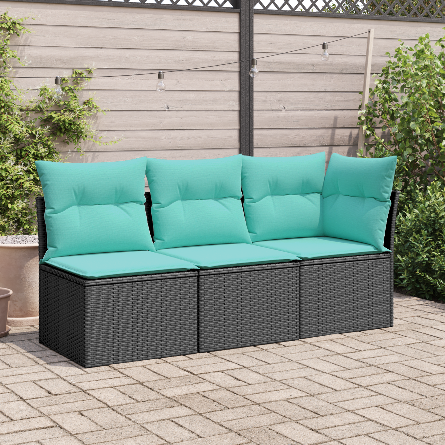 Gartensofa mit Kissen 3-Sitzer Schwarz Poly Rattan
