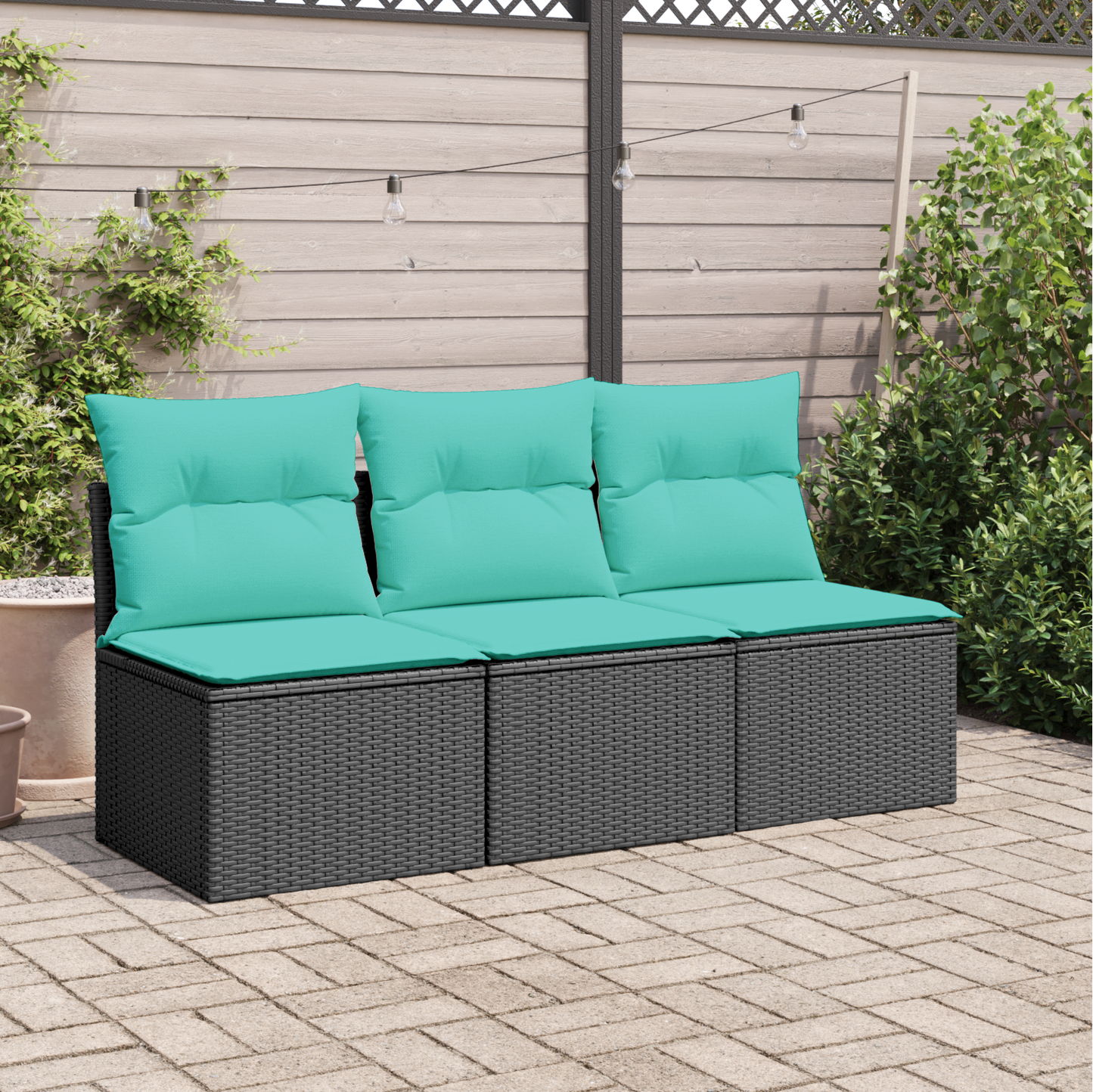 Gartensofa mit Kissen 3-Sitzer Schwarz Poly Rattan