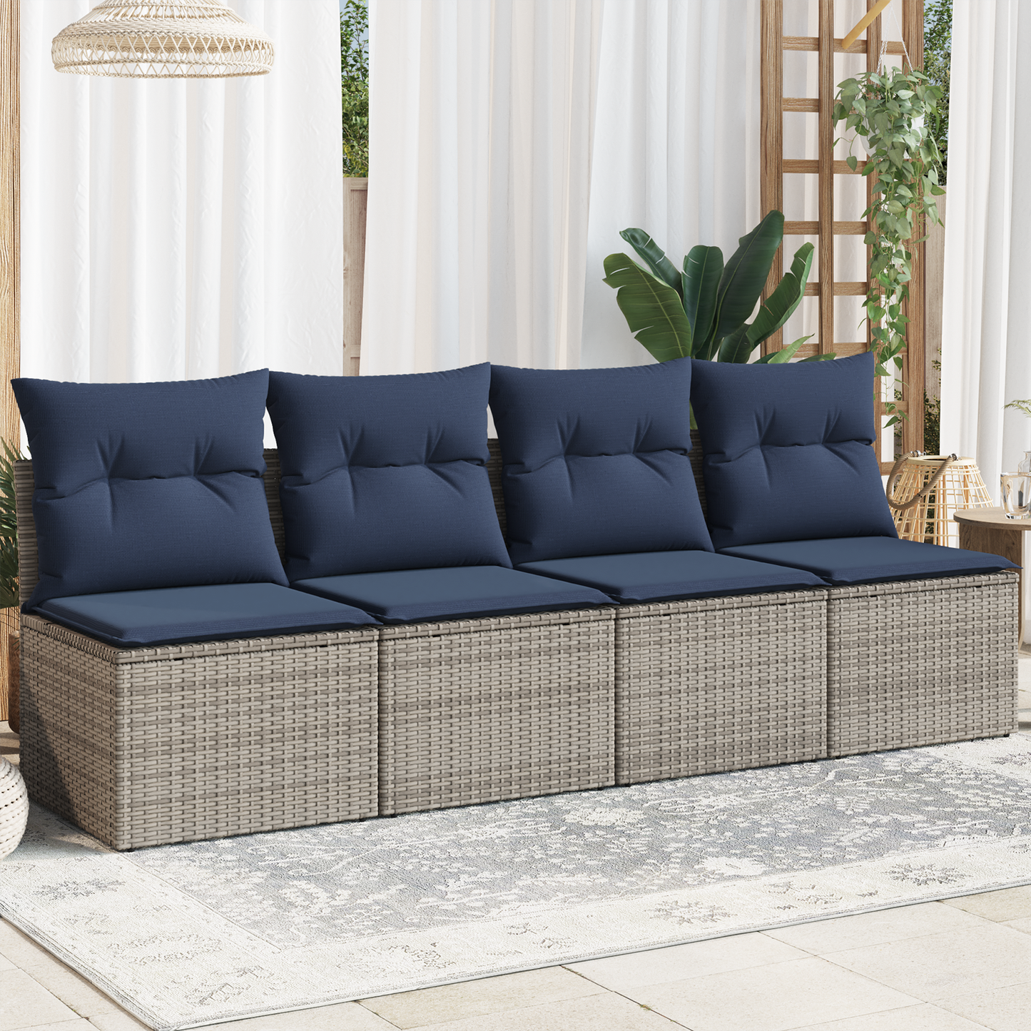 | Gartensofa | mit Kissen Grau 220 x 62 x 69cm Poly-Rattan
